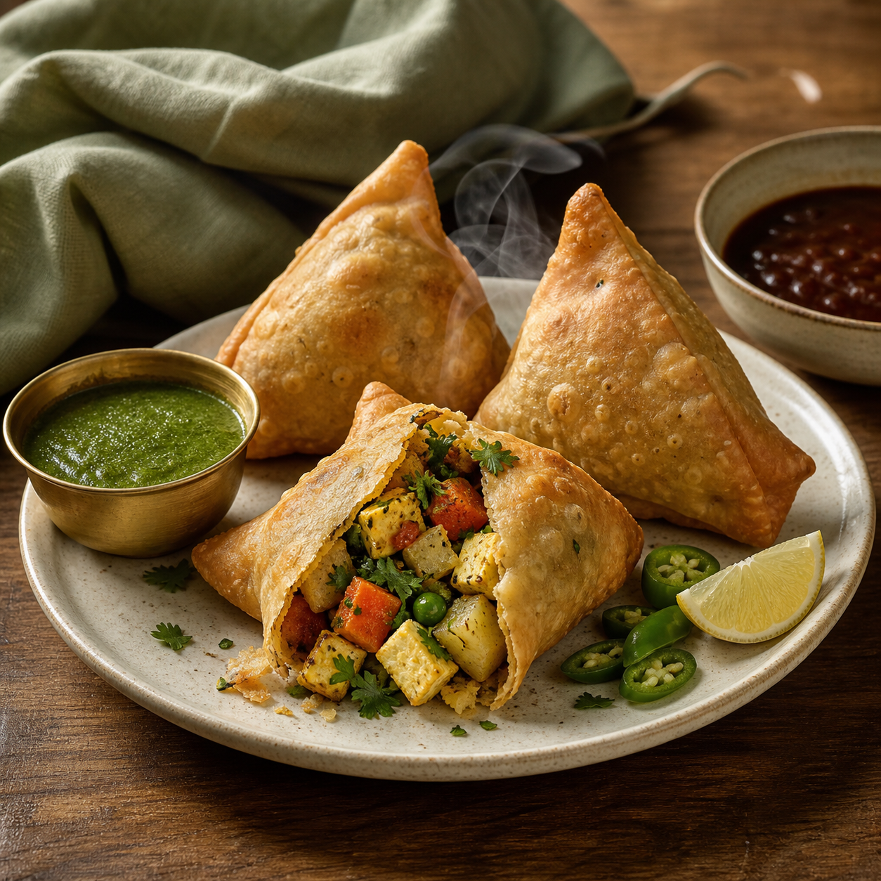 Mix Veg Samosa — three crisp samosas, broken open showing potato-pea-paneer-coriander filling, mint and tamarind chutney bowls