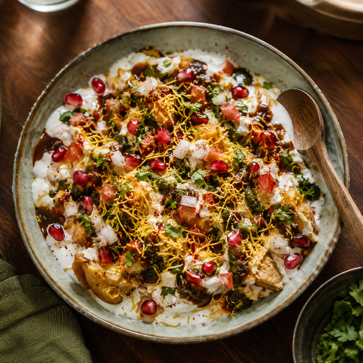 Samosa Chaat — crushed samosas topped with whisked yogurt, tamarind and mint chutneys, sev, fresh coriander, pomegranate seeds