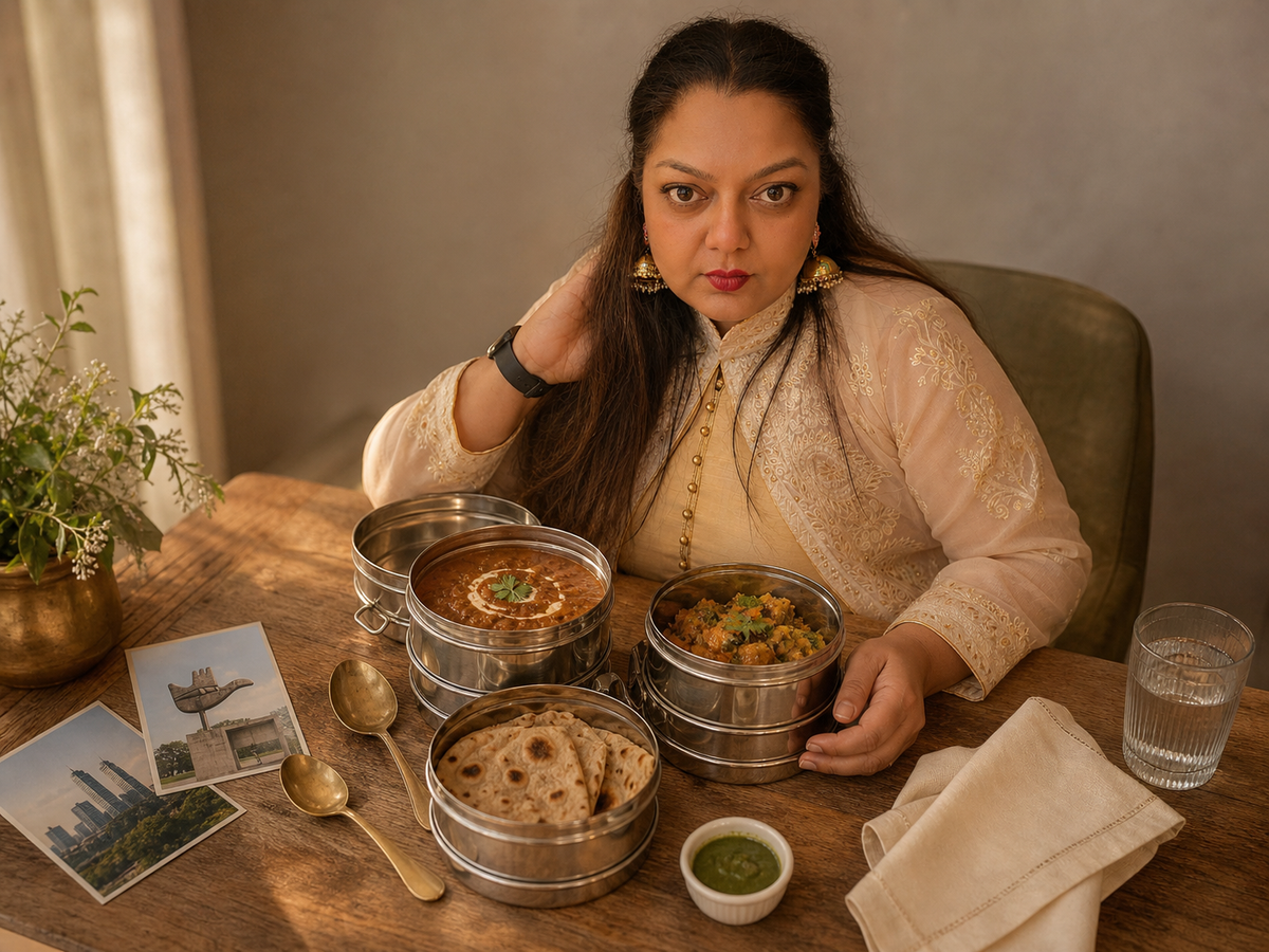 Amandeep at the table โ open tiered tiffin with daal makhni, sabzi and rotis, postcards of Chandigarh's Open Hand monument and Gurgaon's skyline beside her