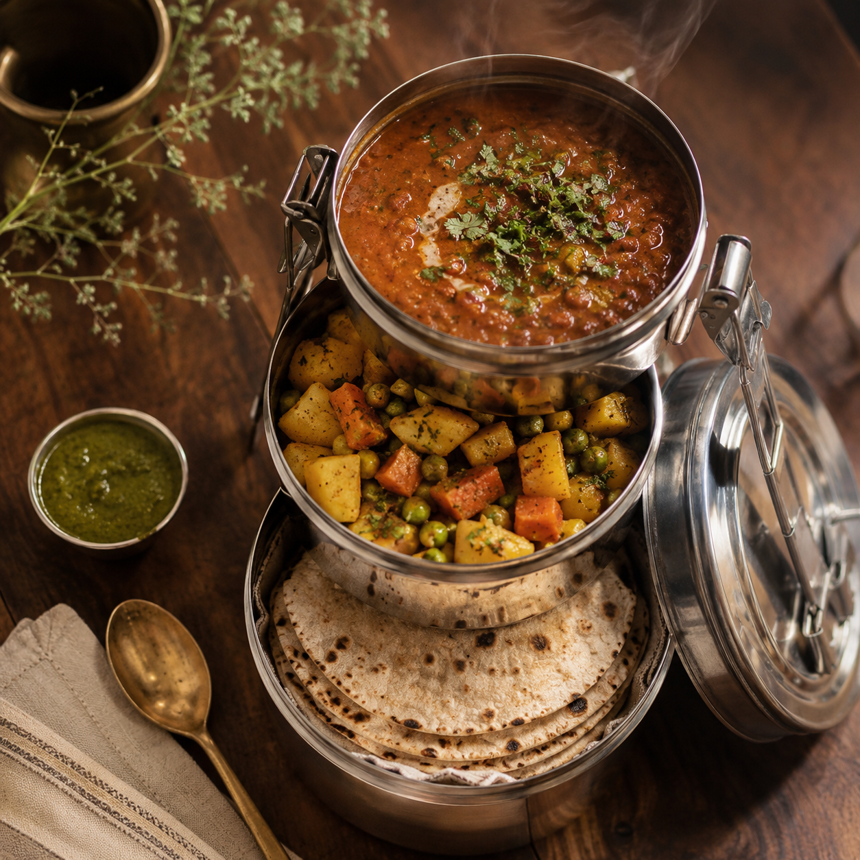 Open three-tier Punjabi Tiffin — daal makhni glossy with cream and coriander, Aloo Gajar Mutter sabzi, hand-rolled rotis stacked, mint chutney and brass spoon alongside