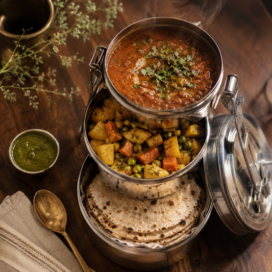 Open three-tier Punjabi Tiffin — daal makhni glossy with cream and coriander, Aloo Gajar Mutter sabzi, hand-rolled rotis stacked, mint chutney and brass spoon alongside