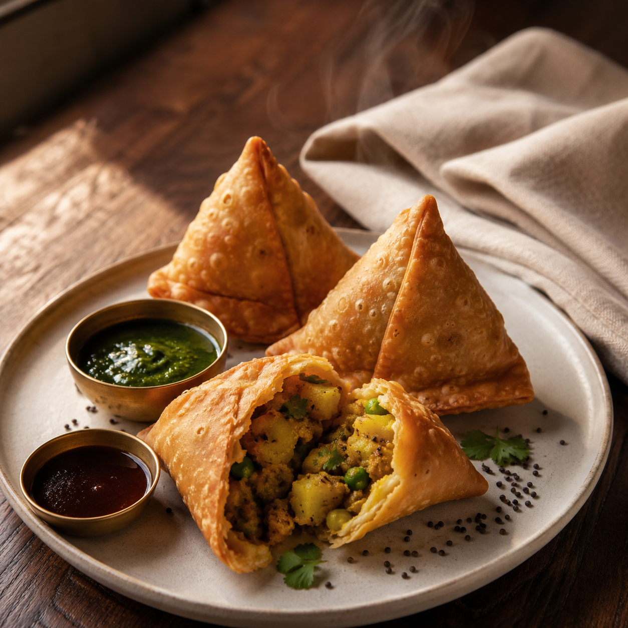 Samosa — three crisp golden hand-folded aloo samosas, classic Punjabi spiced potato filling visible, mint and tamarind chutney bowls