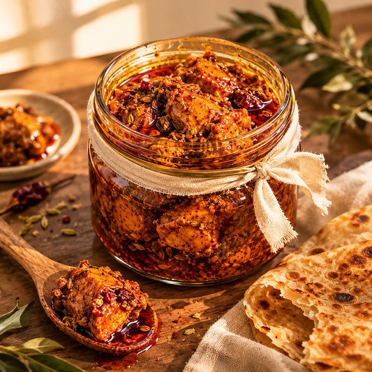 Spicy Chicken Pickle — open glass jar of slow-cooked Punjabi chicken pickle, deep red mustard-oil glaze, paratha torn alongside