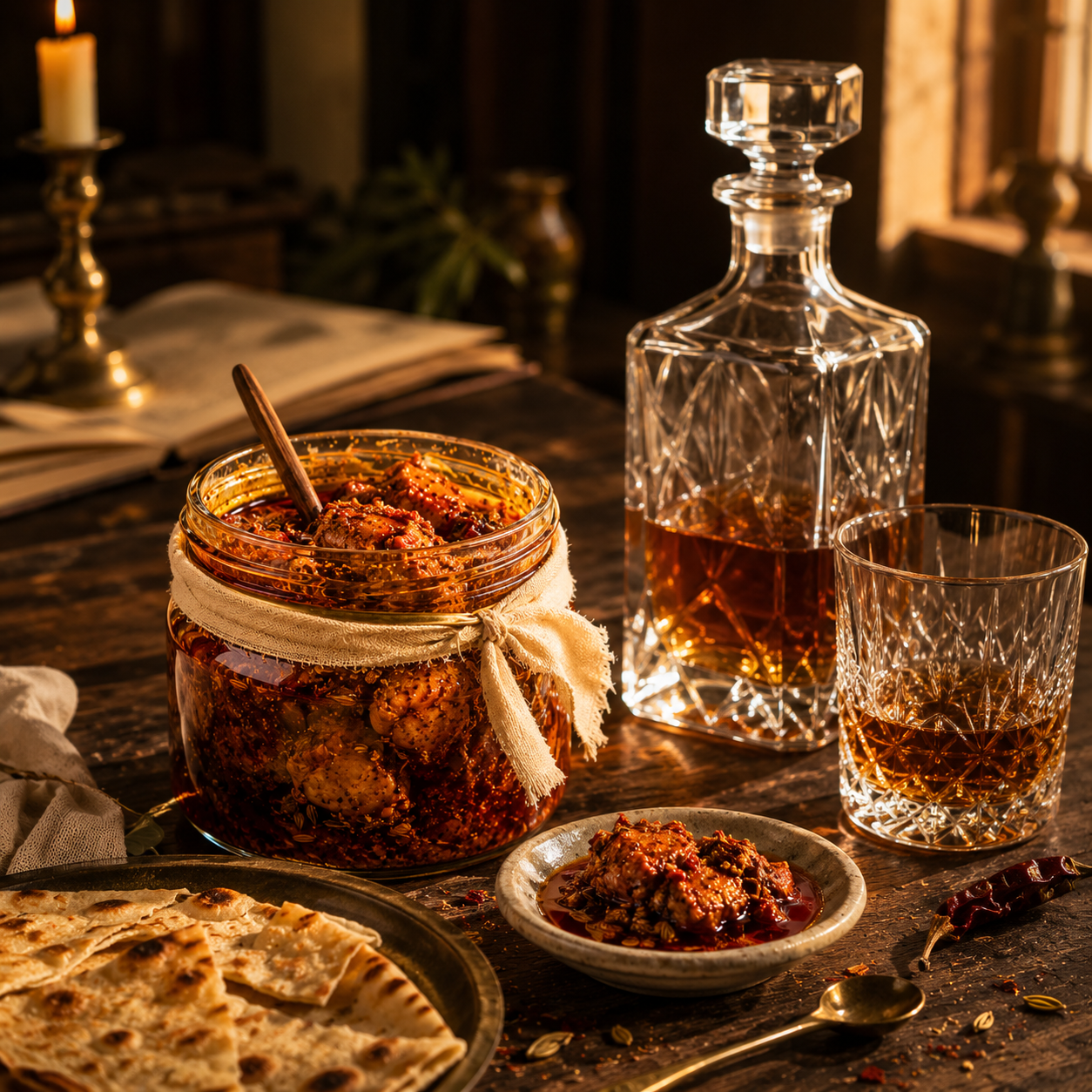 Spicy Chicken Pickle paired with a Patiala peg of single malt whisky in a cut-crystal glass, paratha torn alongside
