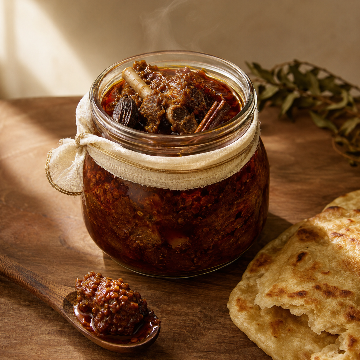 Spicy Mutton Pickle — open glass jar of slow-cooked mutton pickle with whole black cardamom and cinnamon, paratha alongside