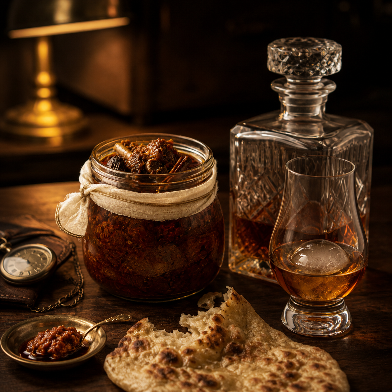 Spicy Mutton Pickle paired with a Patiala peg of peated single malt in a Glencairn glass, evening lamplight digestif scene