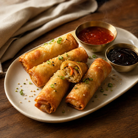 Veg Spring Rolls — five golden crisp hand-rolled vegetable spring rolls, sweet chilli and hoisin dipping sauces, sesame garnish